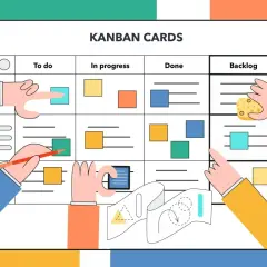 Kolorowy kanban produkcyjny z kartami w kolumnach "Do zrobienia", "W toku", "Gotowe" i "Backlog". Ręce przesuwają zadania.