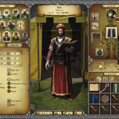 Mat, mistyk z gry Legends of Eisenwald, przygotowuje się do walki. Jego ekwipunek zawiera mroczny płaszcz nekromanty.