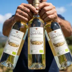 Trois bouteilles de vin blanc "Domaine de la Grande Pallière" Côtes de Provence, un vin doux ou moelleux, présentées par un vigneron.