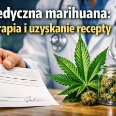 Lekarz podaje receptę, obok liść i słoik z medyczną marihuaną.