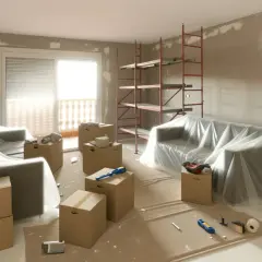 Salón en obras, muebles cubiertos, cajas y andamio. Preparando la indemnización por obras en piso de alquiler.