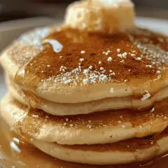 Pile de pancakes moelleux, nappés de sirop d'érable et saupoudrés de sucre glace. Une recette de pancakes qui fait saliver !