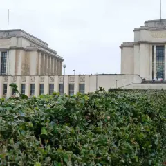 Le **Palais de Chaillot** à Paris, avec ses deux ailes symétriques et sa végétation luxuriante au premier plan.