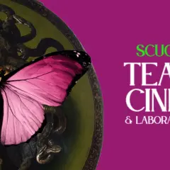 Scuola di Teatro Cinema & Laboratori d'Arte: un'immagine surreale con una farfalla rosa su Medusa, simbolo di un teatro di ricerca innovativo.