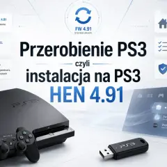 Przerobienie PS3 na wersję 4.91 z homebrew. Konsola, pad, pendrive i ekran z opcjami instalacji.