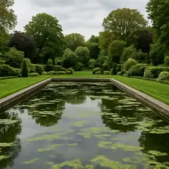 Un étang de jardin avec des algues filamenteuses, une solution naturelle comme le bicarbonate de soude pourrait aider.
