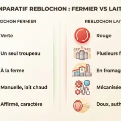 Comparatif visuel du reblochon fermier (vert, lait cru, à la ferme) et laitier (rouge, lait pasteurisé, en fromagerie).