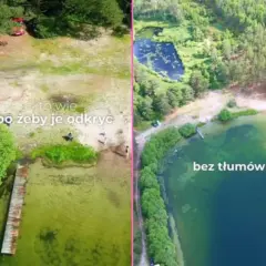 Kaszubskie jeziora w całej okazałości. Po lewej plaża z pomostem, po prawej spokojna tafla wody otoczona lasem.
