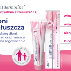Krem Alantan Dermoline z alantoiną, witaminami A+E chroni i natłuszcza szorstką skórę, idealny do codziennej pielęgnacji.