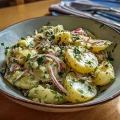 En skål med läcker italiensk potatissallad, full av potatis, rödlök, kapris och färska örter.