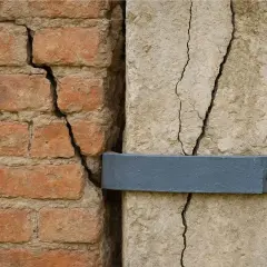 Crepa in un muro di mattoni e pilastro di pietra, con una fascetta metallica per il consolidamento strutturale.