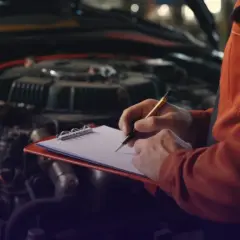 Un mécanicien en uniforme orange note des informations sur un bloc-notes, prêt pour le lave glace et le contrôle technique du véhicule.