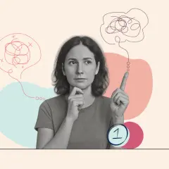 Kobieta z zamyśloną miną, nad nią kłębek myśli. Czy to obraz związku z osobą chorą na nerwicę?
