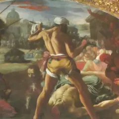 Ein Mann mit weißem Kopftuch, der einen Knochenschädel hält, steht über einem gefallenen Mann. Dies ist ein kurzer Einblick in den paulus lebenslauf.
