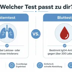 Vergleich von Atemtest (Laktose-/Fruktoseintoleranz) und Bluttest (IgG4-Antikörper gegen Lebensmittel).