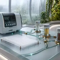 Nowoczesny analizator laboratoryjny z probówkami i płytką do hodowli komórkowych. W tle zielona ściana roślin. Badania nad ki 67.