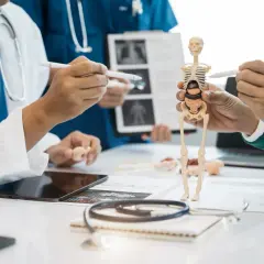Medici discutono un modello anatomico. Un fisiatra o ortopedico spiega la postura.