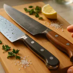 Dos cuchillos de cocina de alta calidad, uno con gotas de agua, sobre una tabla de madera. El acero sueco brilla, listo para preparar ingredientes frescos.