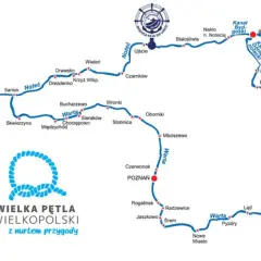 Mapa Wielkiej Pętli Wielkopolski z zaznaczonymi rzekami Warta i Noteć, kanałami i miastami. Idealna do planowania wodnej przygody.
