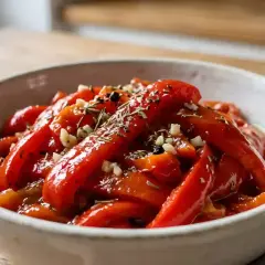 Poivrons marinés rouges, coupés en lanières, baignant dans une huile parfumée avec de l'ail et des herbes. Un délice pour accompagner vos plats.