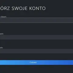 Ekran tworzenia konta Steam: pole na nazwę konta, dwa pola na hasło i przycisk "Gotowe".