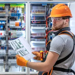 Elektryk z uprawnieniami SEP G1 sprawdza schemat przy rozdzielnicy elektrycznej.