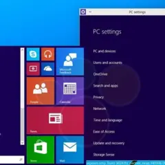 Ekran startowy Windows 9 z kafelkami aplikacji i menu ustawień PC.