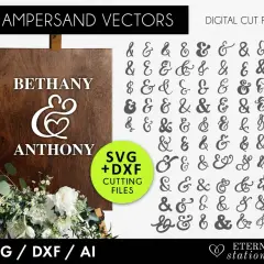 Panneau en bois avec "Bethany & Anthony", entouré de fleurs. À droite, 80 vecteurs d'esperluettes variés.
