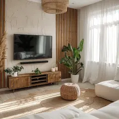 Gemütliche wohnzimmer ideen boho: Holzelemente, Pampasgras und ein beiger Teppich schaffen eine entspannte Atmosphäre.