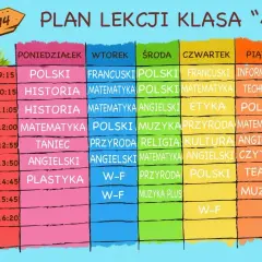 Plan lekcji klasy 4. Poniedziałek: polski, historia, matematyka, taniec, angielski, plastyka. Wtorek: francuski, matematyka, polski, przyroda, angielski, WF. Środa: polski, matematyka, angielski, religia, matematyka, przyroda. Czwartek: francuski, mate...