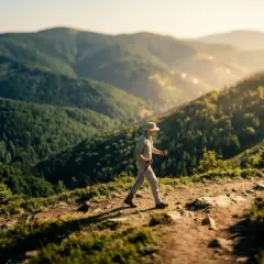 Mężczyzna w kapeluszu idzie górskim szlakiem z kijkami do nordic walking. Słońce oświetla zbocza gór.
