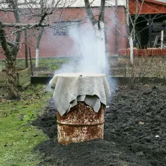Dym unosi się z rustykalnej wędzarni z beczki, która stoi na ziemi w ogrodzie.