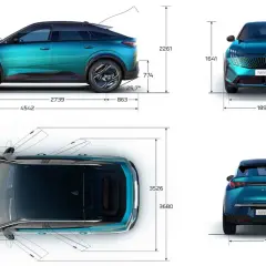 Peugeot 3008 wymiary: długość 4542 mm, szerokość 1895 mm, wysokość 1641 mm. Widok z boku, przodu, tyłu i z góry z wymiarami.
