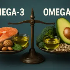 Waga pokazuje równowagę między kwasem omega 3 (łosoś, orzechy, oliwa) a omega 6 (awokado, brokuły, nasiona).