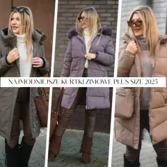 Kobiety prezentują modne kurtki zimowe plus size XXL w różnych kolorach. Stylowe, ciepłe okrycia na zimę.