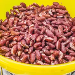 Gros plan sur des haricots rouges dans un bol jaune, prêts pour la cuisson. Ils sont brillants et humides, promettant un plat savoureux.
