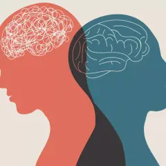 Dwa profile ludzkie, jeden z chaotycznym mózgiem, drugi z uporządkowanym. Symbolizuje to wyzwania i możliwości w studiach psychologicznych.