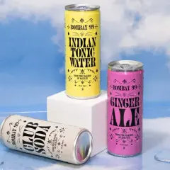Three Bombay 99+ cans: Club Soda, Indian Tonic Water, and Ginger Ale, styled by Jessica Walsh, against a sky backdrop.