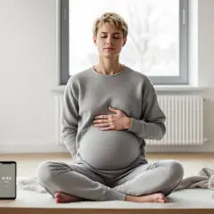 Gravid kvinna med slutna ögon sitter i lotusställning, utövar mental avslappning. En kopp ångande te och en telefon syns bredvid.