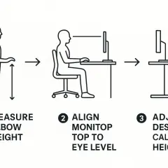 Diagram shows how to determine how tall should a desk be: measure elbow height, align monitor to eye level, then adjust desk.