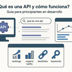 Ilustración explica qué es una API y cómo funciona, mostrando un monitor con "API", una barra de búsqueda, gráficos y elementos SEO.