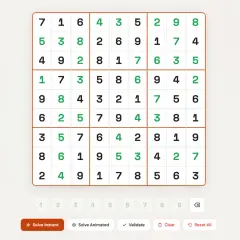 Rozwiązujesz zagadkę z liczbami od 1 do 9. Plansza Sudoku wypełniona jest cyframi, niektóre z nich są zielone.