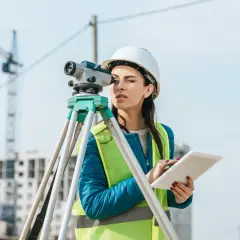 Geodetka w kasku i kamizelce odblaskowej z tabletem przy tachimetrze na budowie.