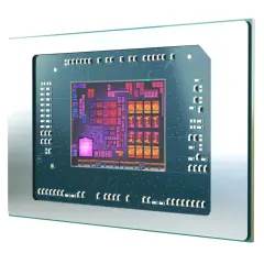 Nahaufnahme eines Prozessors, der den Ryzen 5 8600G zeigt. Die komplexen Schaltkreise leuchten in bunten Farben.