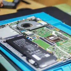 Rozłożony laptop na niebieskiej macie. Widać baterię, wentylator i zieloną płytę główną. Chcesz wiedzieć, jak sprawdzić jaką mam płytę główną?