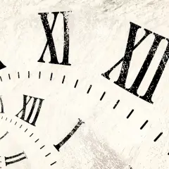 Un reloj con números romanos se retuerce en espiral, mostrando las reglas de los números romanos en un diseño abstracto y onírico.