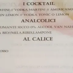 Carta dei vini con cocktail, analcolici e vini al calice. Prosecco, Spritz, Franciacorta e Champagne tra le opzioni.