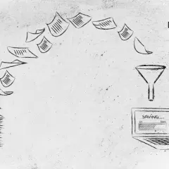 Un embudo digitaliza documentos, mostrando el proceso de ahorrar papel.