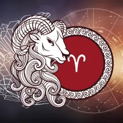 Stylizowany baran znak zodiaku z symbolem i kołem zodiaku.