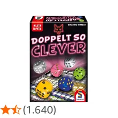 Brettspiel "Doppelt so clever" mit bunten Würfeln und Spielbrett. Die Anleitung ist Teil des Spiels.
